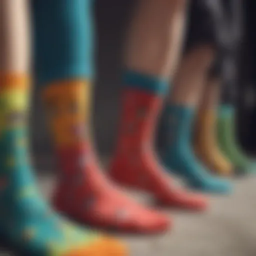 A close-up of vibrant socks featuring expressive faces