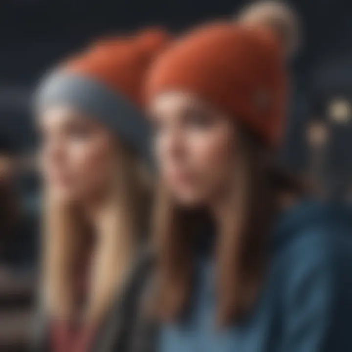 A group of friends wearing personalized beanies at a casual gathering