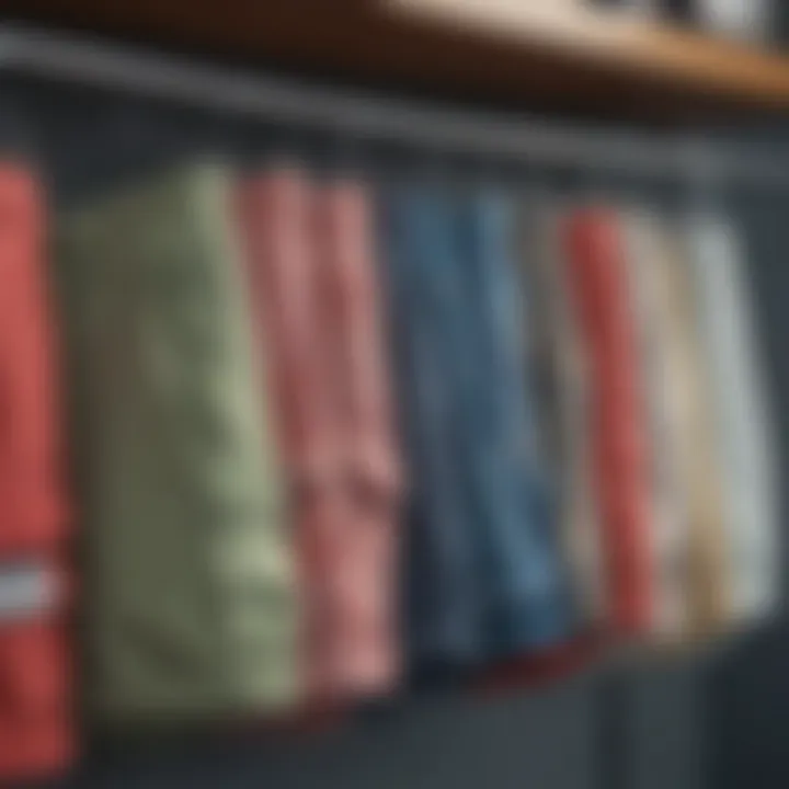 An array of Bermuda walking shorts in various colors and patterns hanging on a rack
