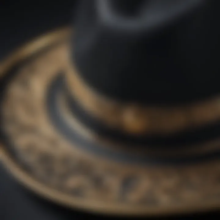 Close-up view of a black and gold fedora hat showcasing intricate craftsmanship