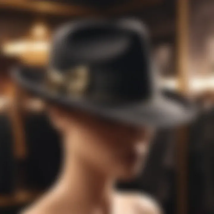 Stylish black and gold fedora hat displayed on a vintage mannequin