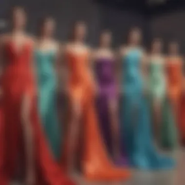 Array of colorful high slit satin dresses displayed together