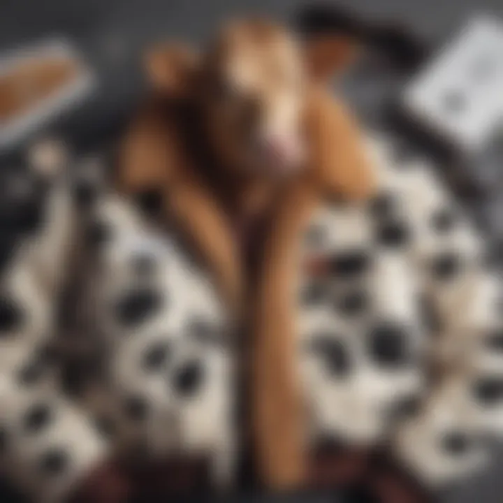 Flat lay of cow print teddy jacket with styling options and care products