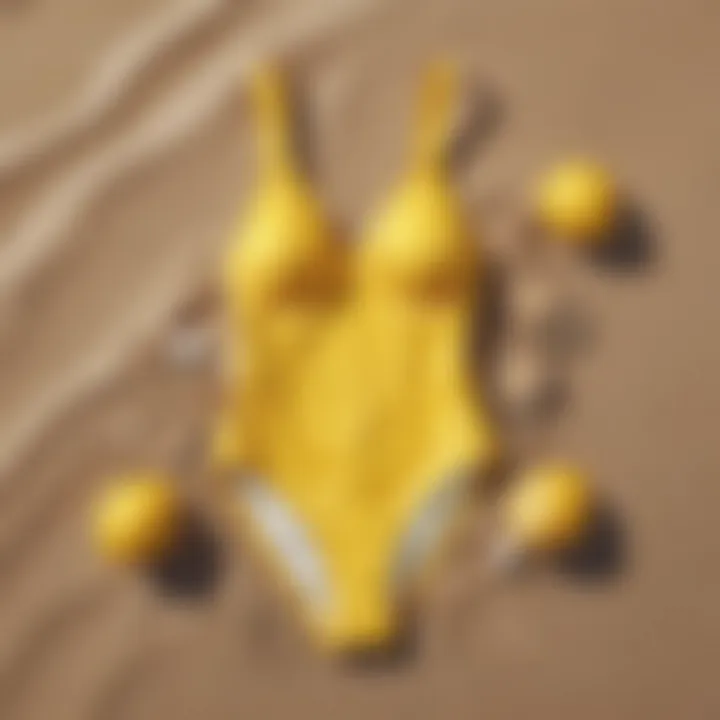 Vibrant lemon swim suit displayed on a sandy beach