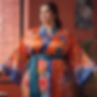 Colorful plus size kimono set displayed against a vibrant background