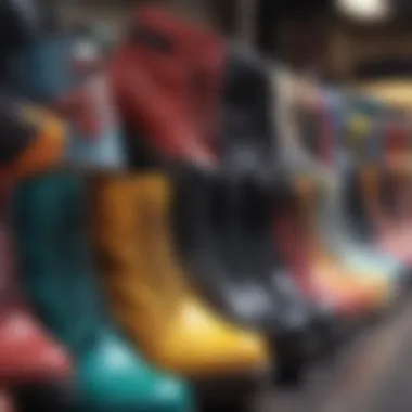 A colorful array of platform boots in various styles and colors representing contemporary fashion.