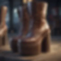 A vintage collection of platform boots showcasing different designs and materials.