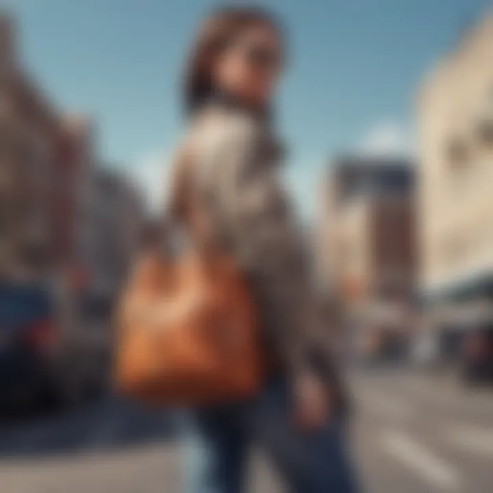 Fashionable ensemble showcasing a bucket bag with a guitar strap