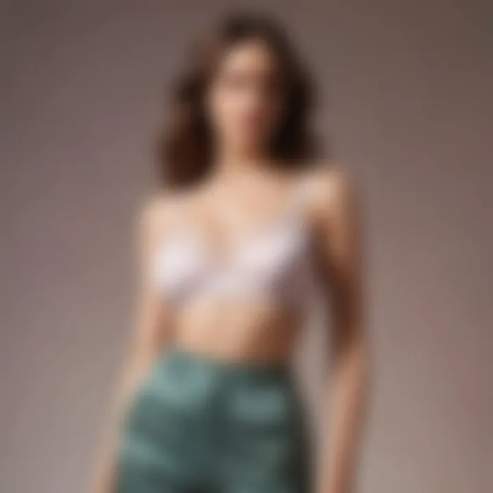 A fashionable ensemble incorporating a cropped bralette top paired with high-waisted trousers.