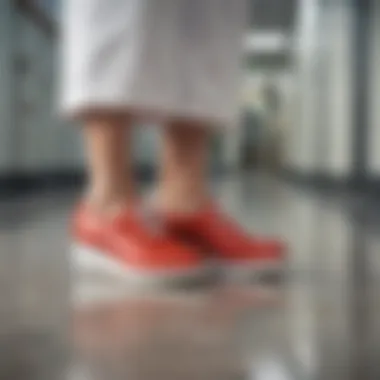 Comfortable nurse wedge shoes on a hospital floor