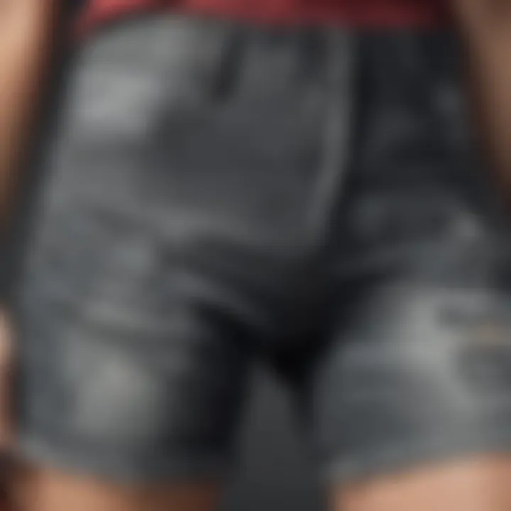 Close-up of fabric texture showcasing the distressed details of biker shorts