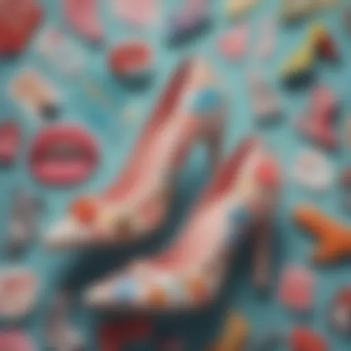 Artistic arrangement of high heel stickers on a vibrant backdrop