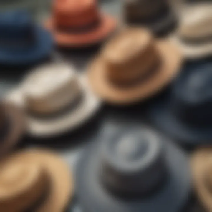 Close-up of various full brim fishing hats showcasing different materials