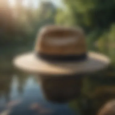 A stylish full brim fishing hat on a serene lake background