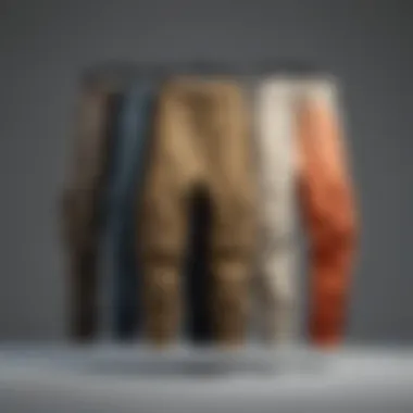 A collection of drop crotch cargo pants in various colors and styles displayed together