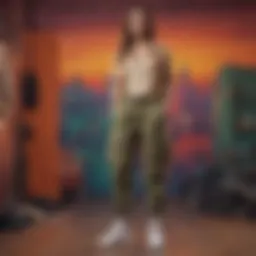 Fashion-forward drop crotch cargo pants styled on a mannequin against a vibrant backdrop