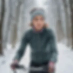 A cyclist wearing stylish ear warmers while riding in a snowy landscape